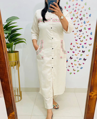 Cotton Embroidered Kurti with 2 Side Pockets & Pant Set