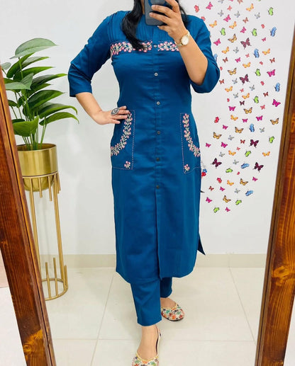 Cotton Embroidered Kurti with 2 Side Pockets & Pant Set
