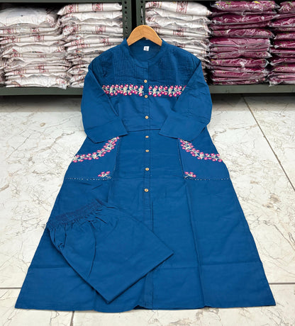 Cotton Embroidered Kurti with 2 Side Pockets & Pant Set