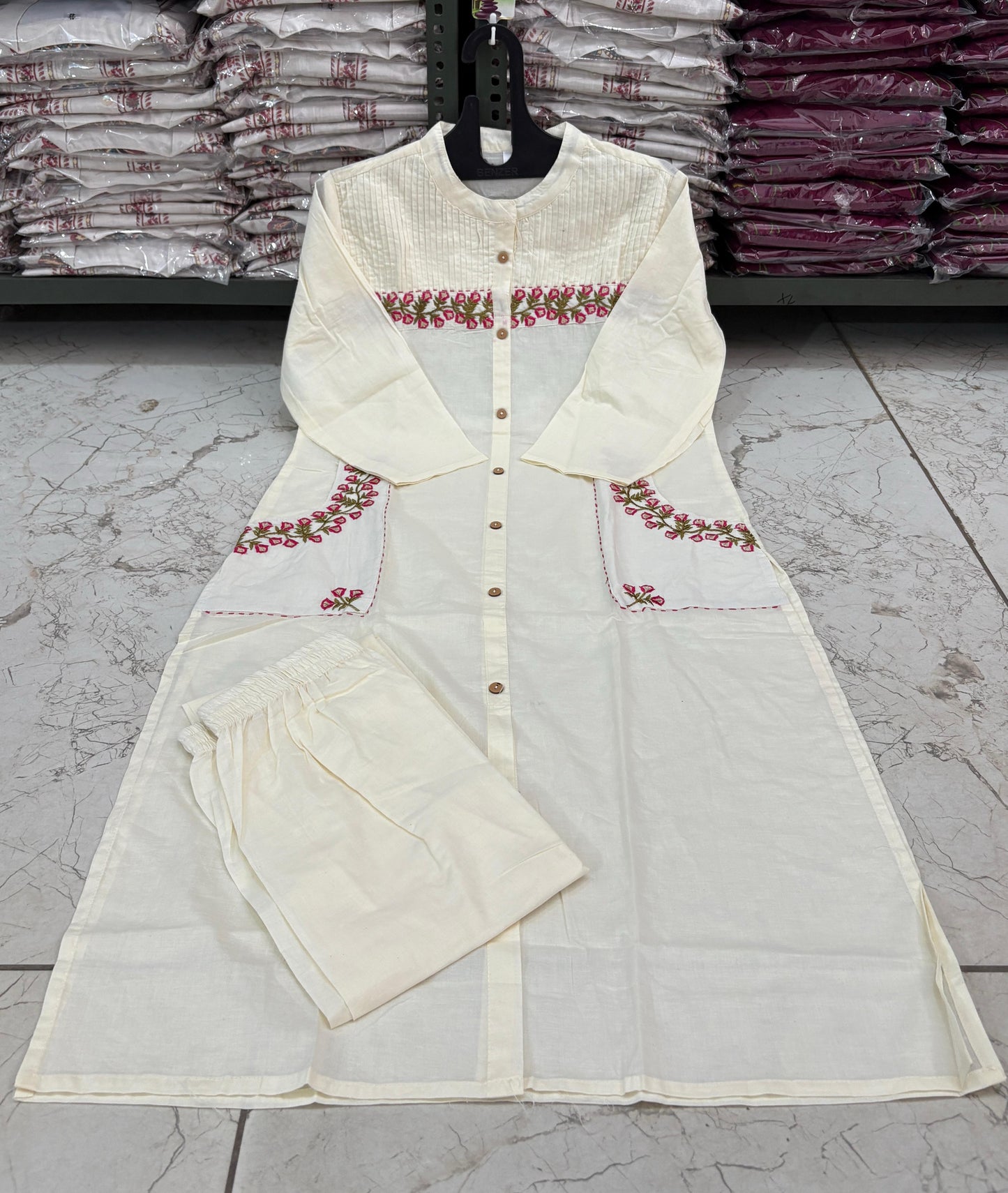 Cotton Embroidered Kurti with 2 Side Pockets & Pant Set