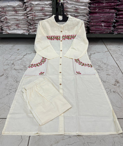 Cotton Embroidered Kurti with 2 Side Pockets & Pant Set