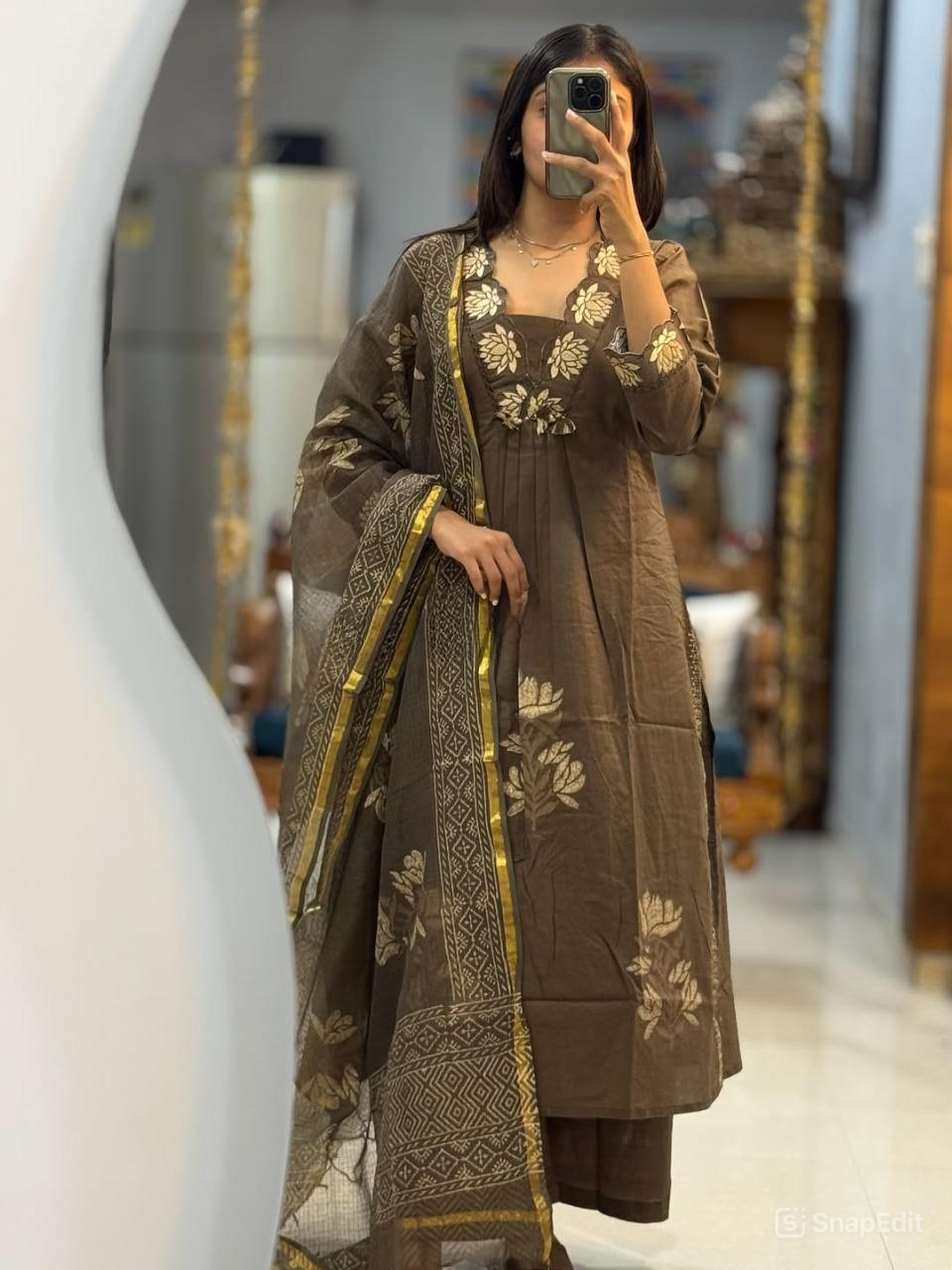 Cotton Embroidered Suit Set with Pant & Printed Dupatta