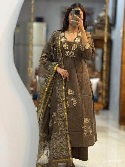 Cotton Embroidered Suit Set with Pant & Printed Dupatta