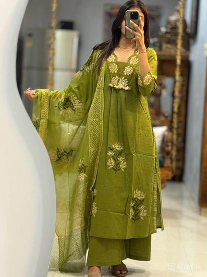 Cotton Embroidered Suit Set with Pant & Printed Dupatta