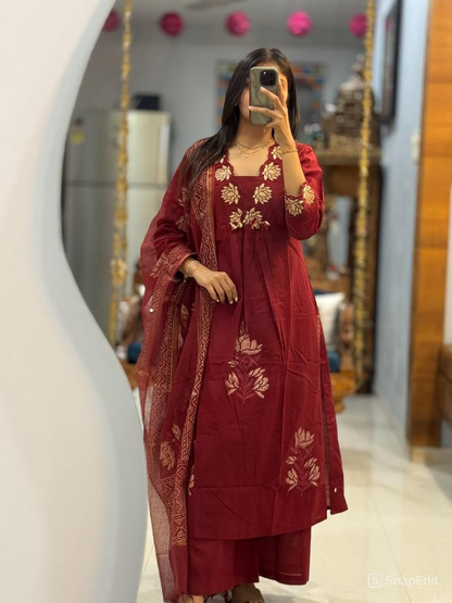 Cotton Embroidered Suit Set with Pant & Printed Dupatta