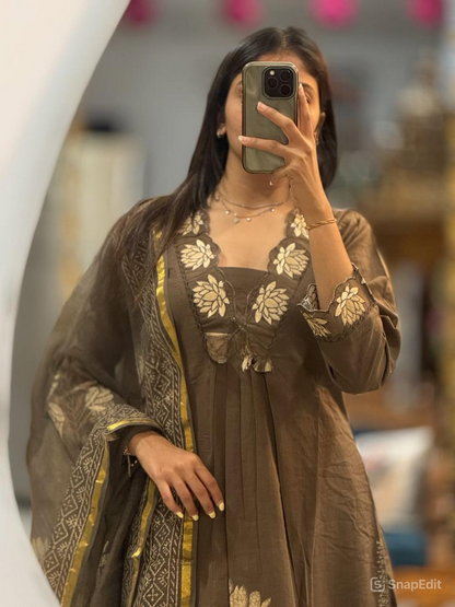 Cotton Embroidered Suit Set with Pant & Printed Dupatta