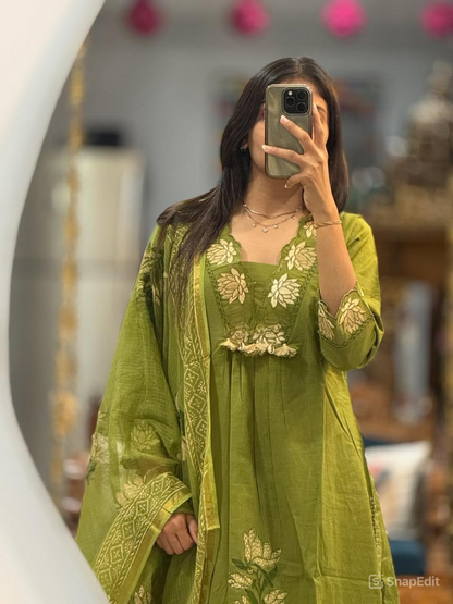 Cotton Embroidered Suit Set with Pant & Printed Dupatta