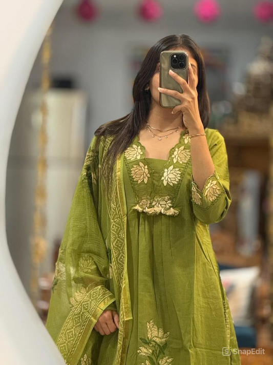 Cotton Embroidered Suit Set with Pant & Printed Dupatta