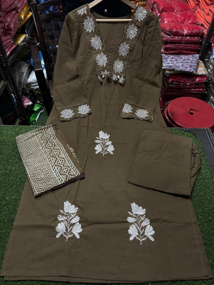 Cotton Embroidered Suit Set with Pant & Printed Dupatta