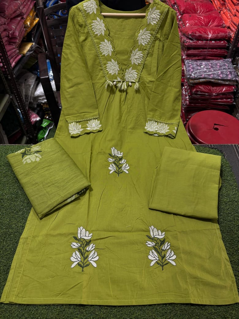 Cotton Embroidered Suit Set with Pant & Printed Dupatta