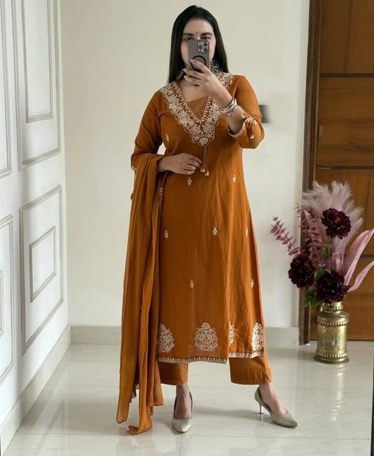 Cotton Embroidery Suit Set with Pant & Dupatta (3 Piece)