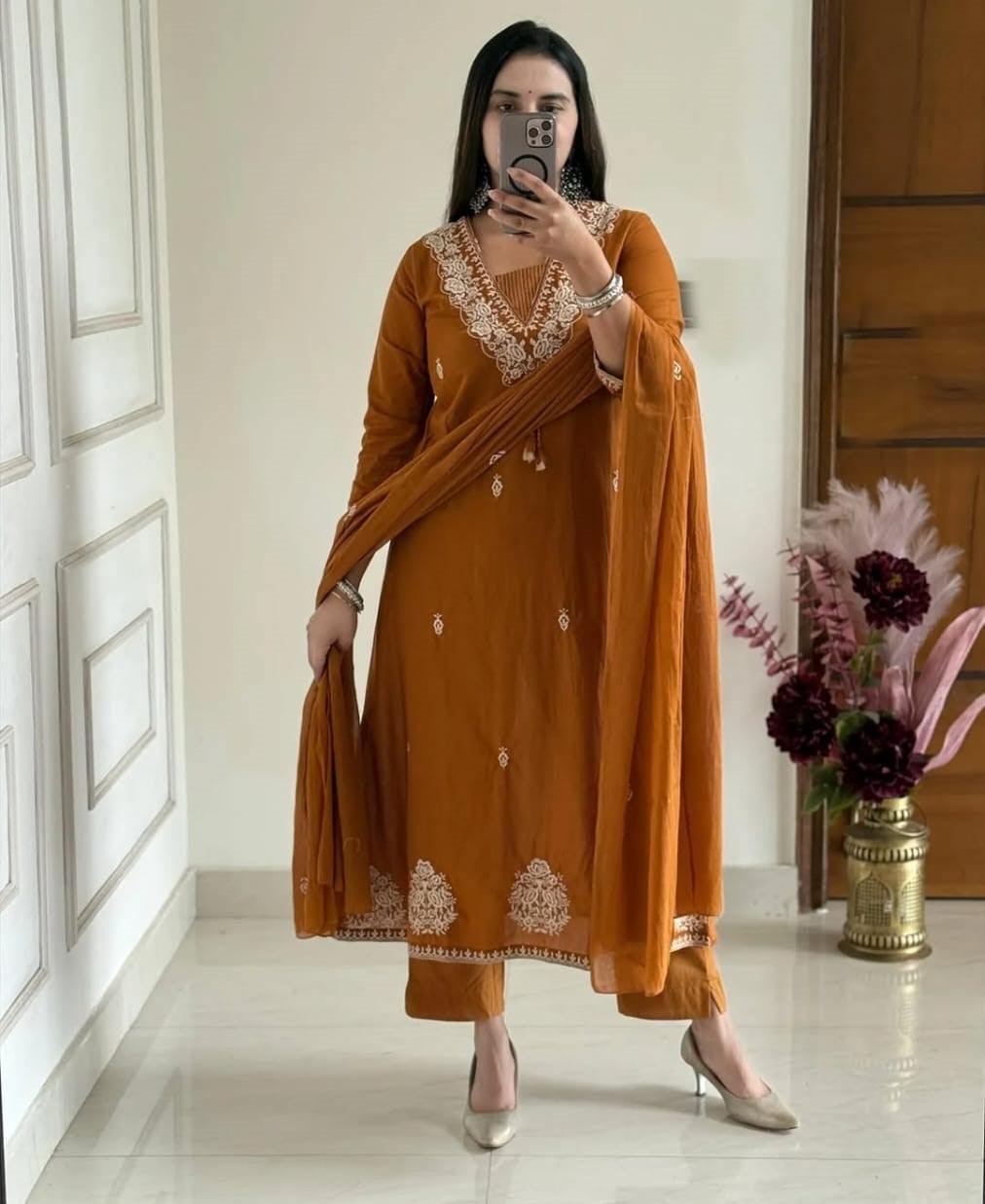 Cotton Embroidery Suit Set with Pant & Dupatta (3 Piece)