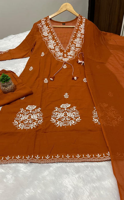 Cotton Embroidery Suit Set with Pant & Dupatta (3 Piece)