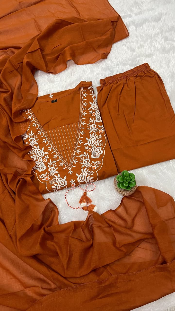 Cotton Embroidery Suit Set with Pant & Dupatta (3 Piece)