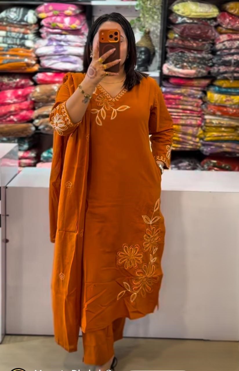 Cotton Embroidery Work Kurti Pant & Dupatta Set