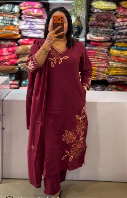 Cotton Embroidery Work Kurti Pant & Dupatta Set