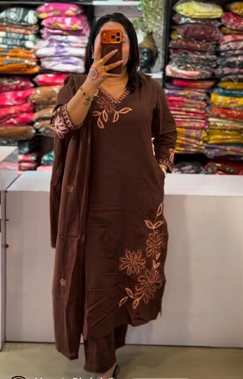 Cotton Embroidery Work Kurti Pant & Dupatta Set