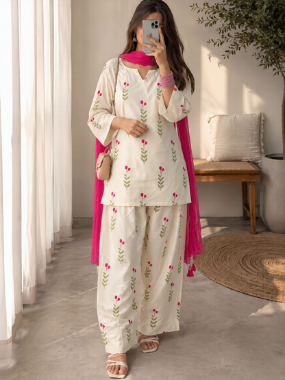 Cotton Farshi Pant Suit Set with Dupatta & Sleeve Latkan