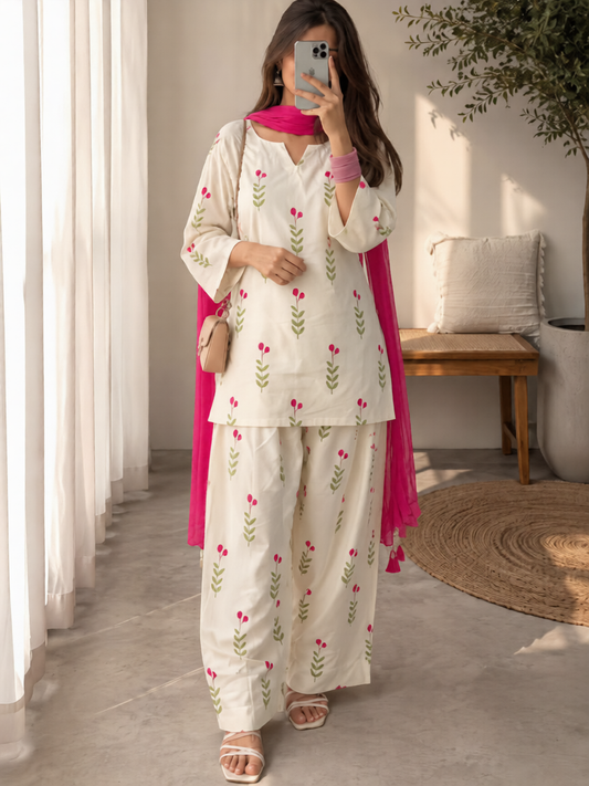 Cotton Farshi Pant Suit Set with Dupatta & Sleeve Latkan