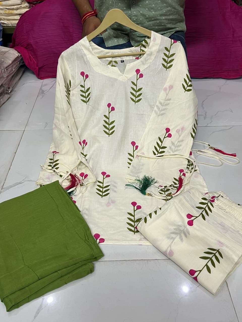 Cotton Farshi Pant Suit Set with Dupatta & Sleeve Latkan