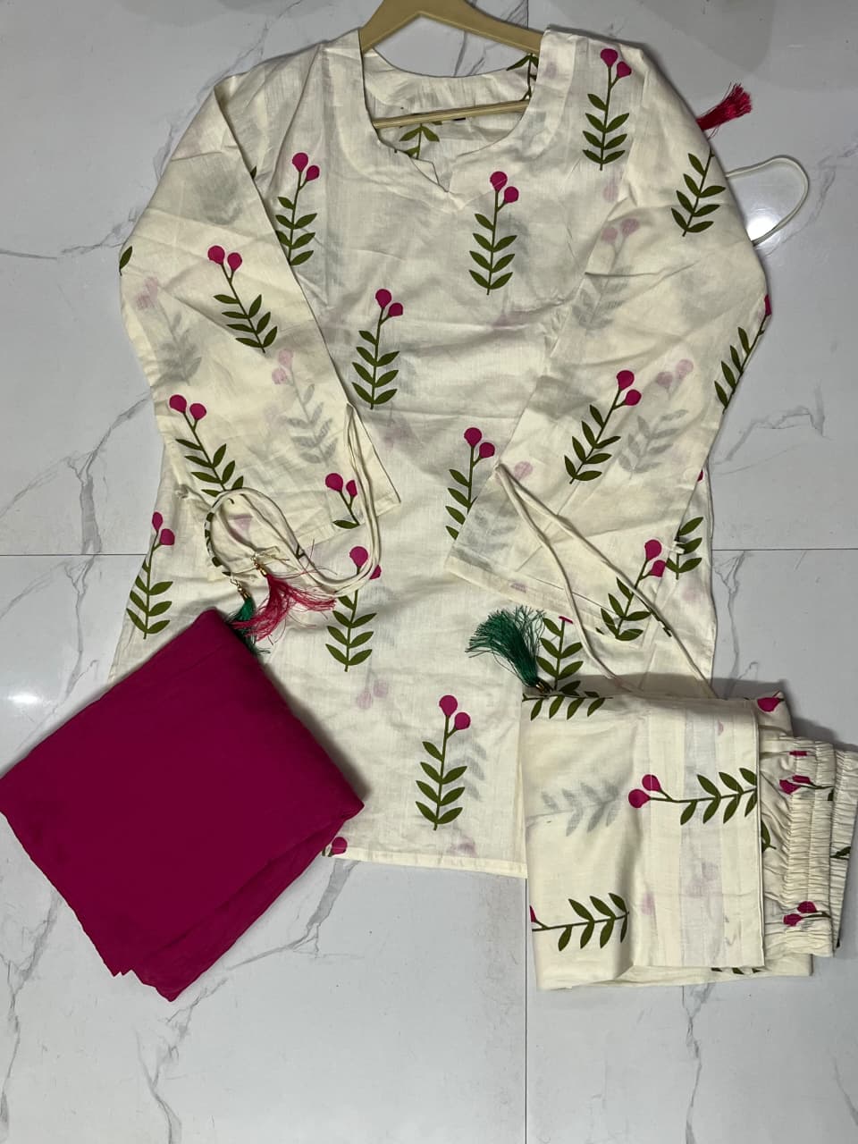 Cotton Farshi Pant Suit Set with Dupatta & Sleeve Latkan
