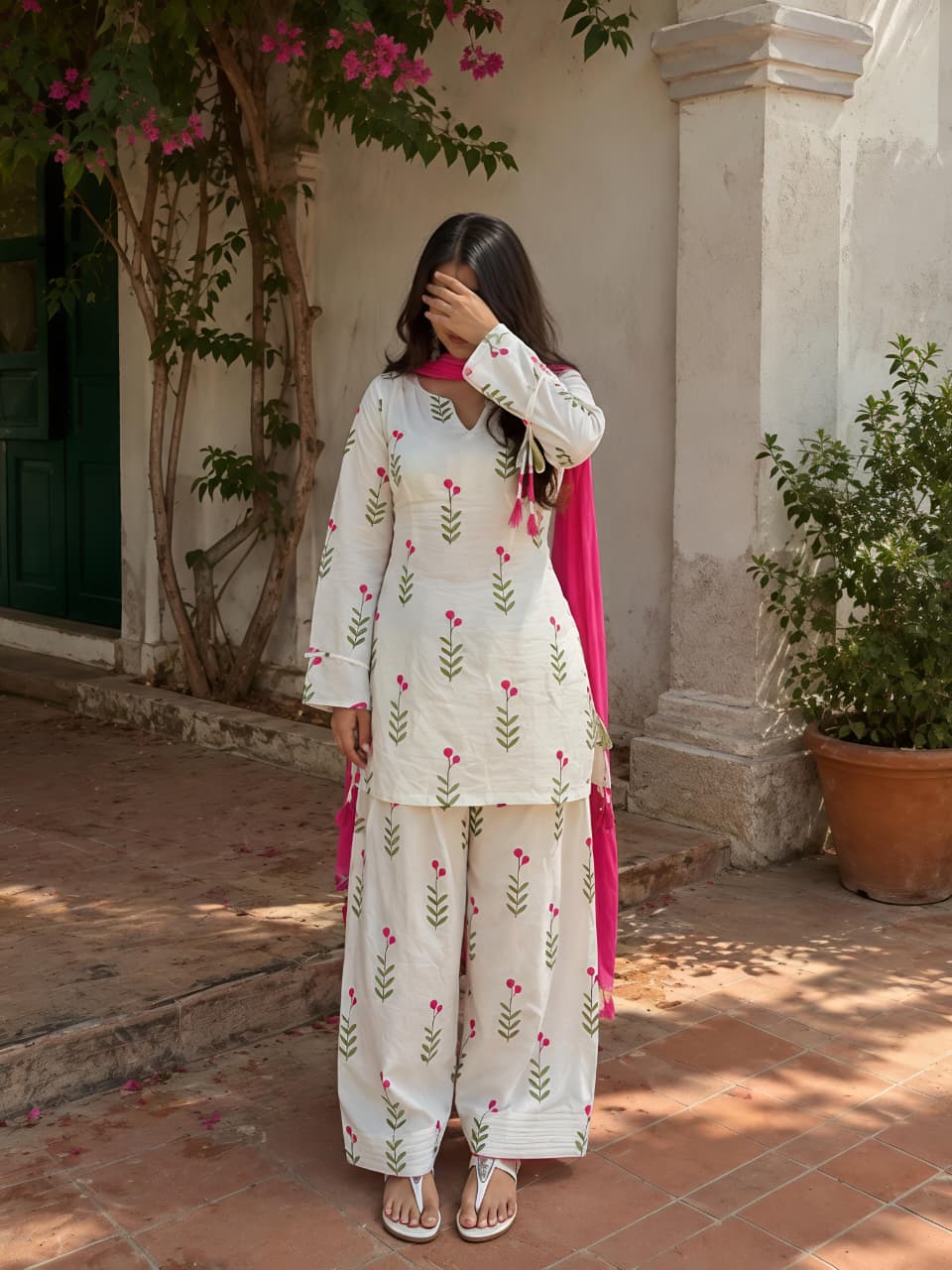 Cotton Farshi Pant Suit Set with Dupatta & Sleeve Latkan