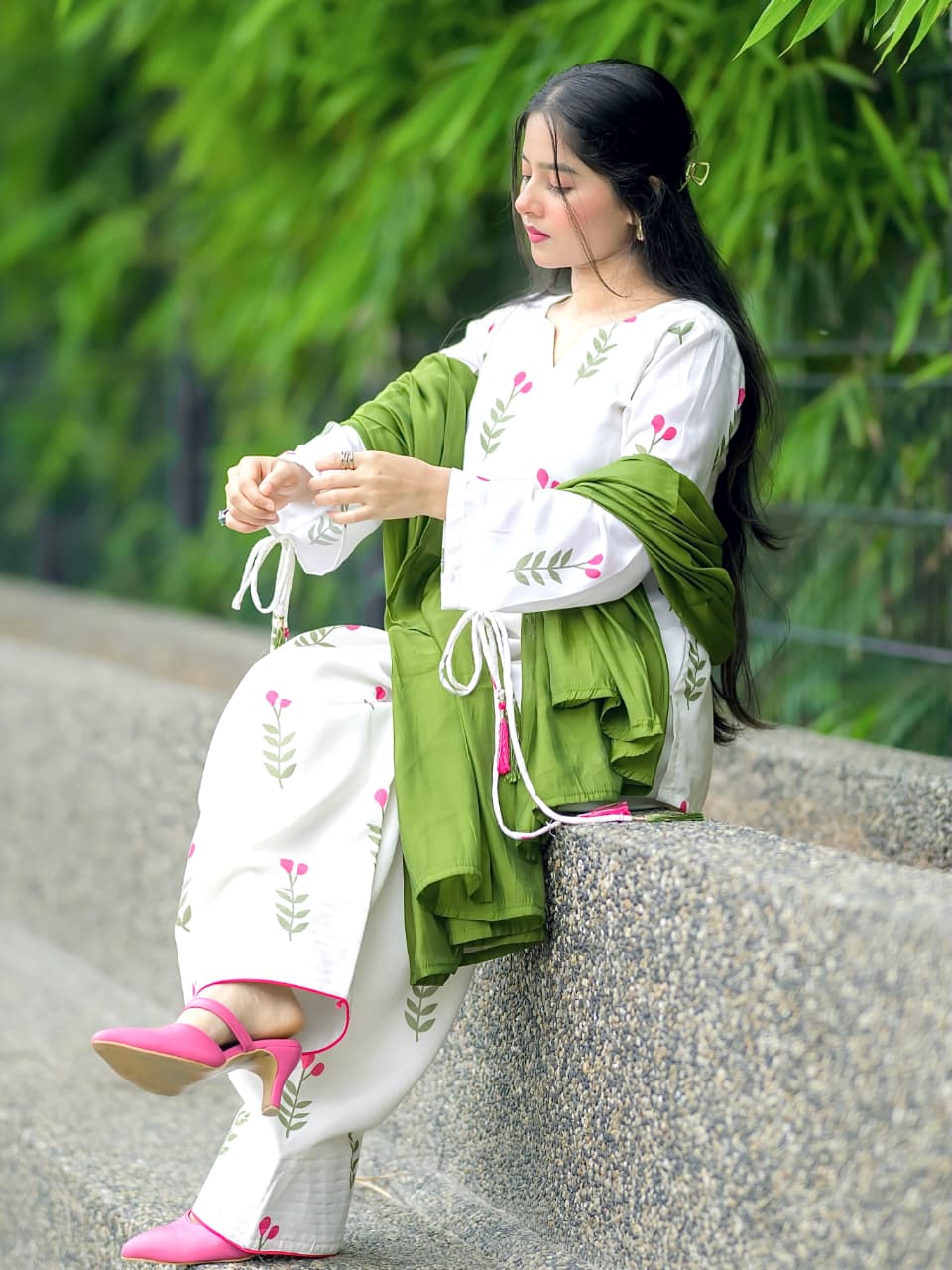 Cotton Farshi Pant Suit Set with Dupatta & Sleeve Latkan