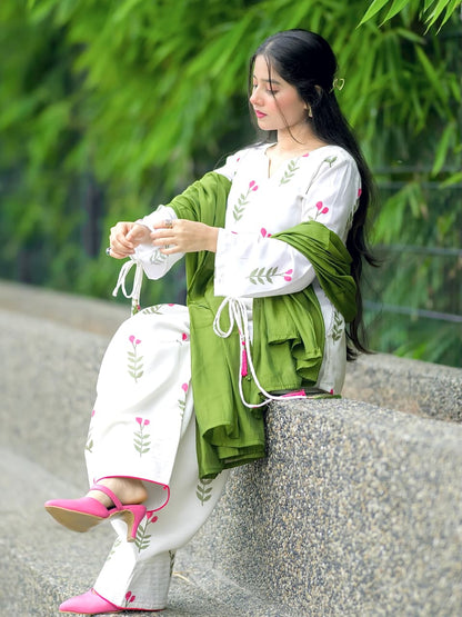 Cotton Farshi Pant Suit Set with Dupatta & Sleeve Latkan