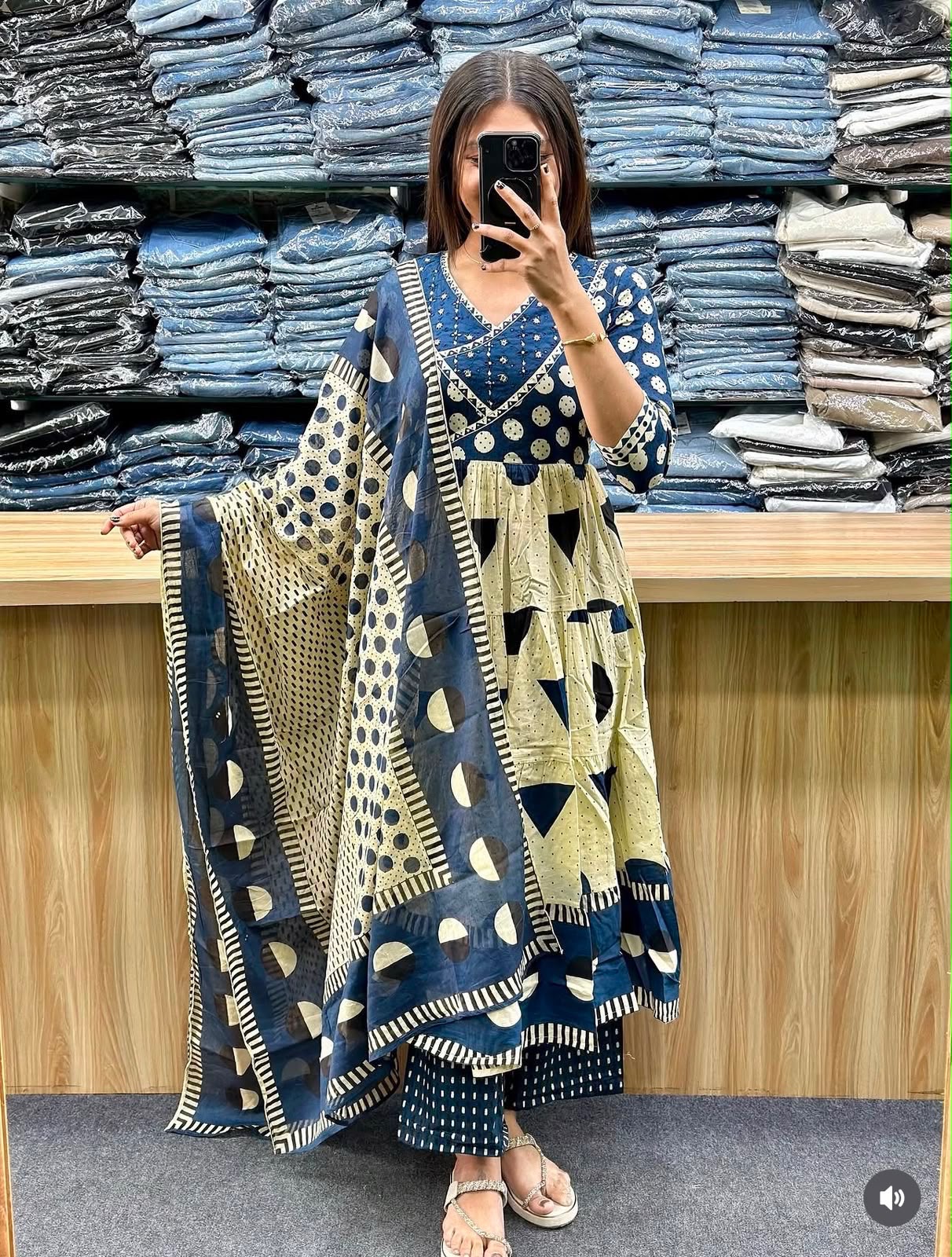 Cotton Flair Ghera Kurti Set with Printed Pant & Mal Mal Dupatta