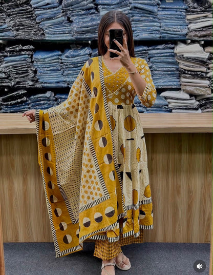 Cotton Flair Ghera Kurti Set with Printed Pant & Mal Mal Dupatta