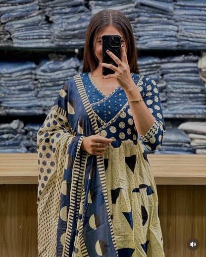 Cotton Flair Ghera Kurti Set with Printed Pant & Mal Mal Dupatta