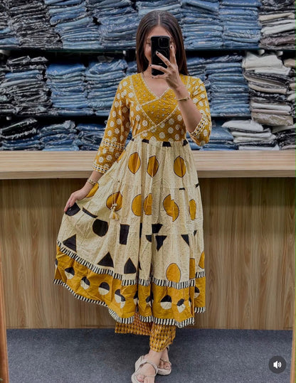 Cotton Flair Ghera Kurti Set with Printed Pant & Mal Mal Dupatta