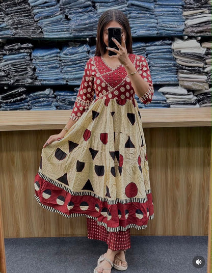 Cotton Flair Ghera Kurti Set with Printed Pant & Mal Mal Dupatta