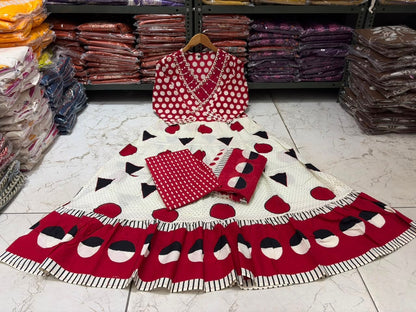 Cotton Flair Ghera Kurti Set with Printed Pant & Mal Mal Dupatta