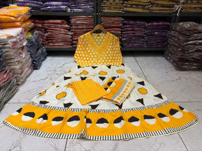 Cotton Flair Ghera Kurti Set with Printed Pant & Mal Mal Dupatta