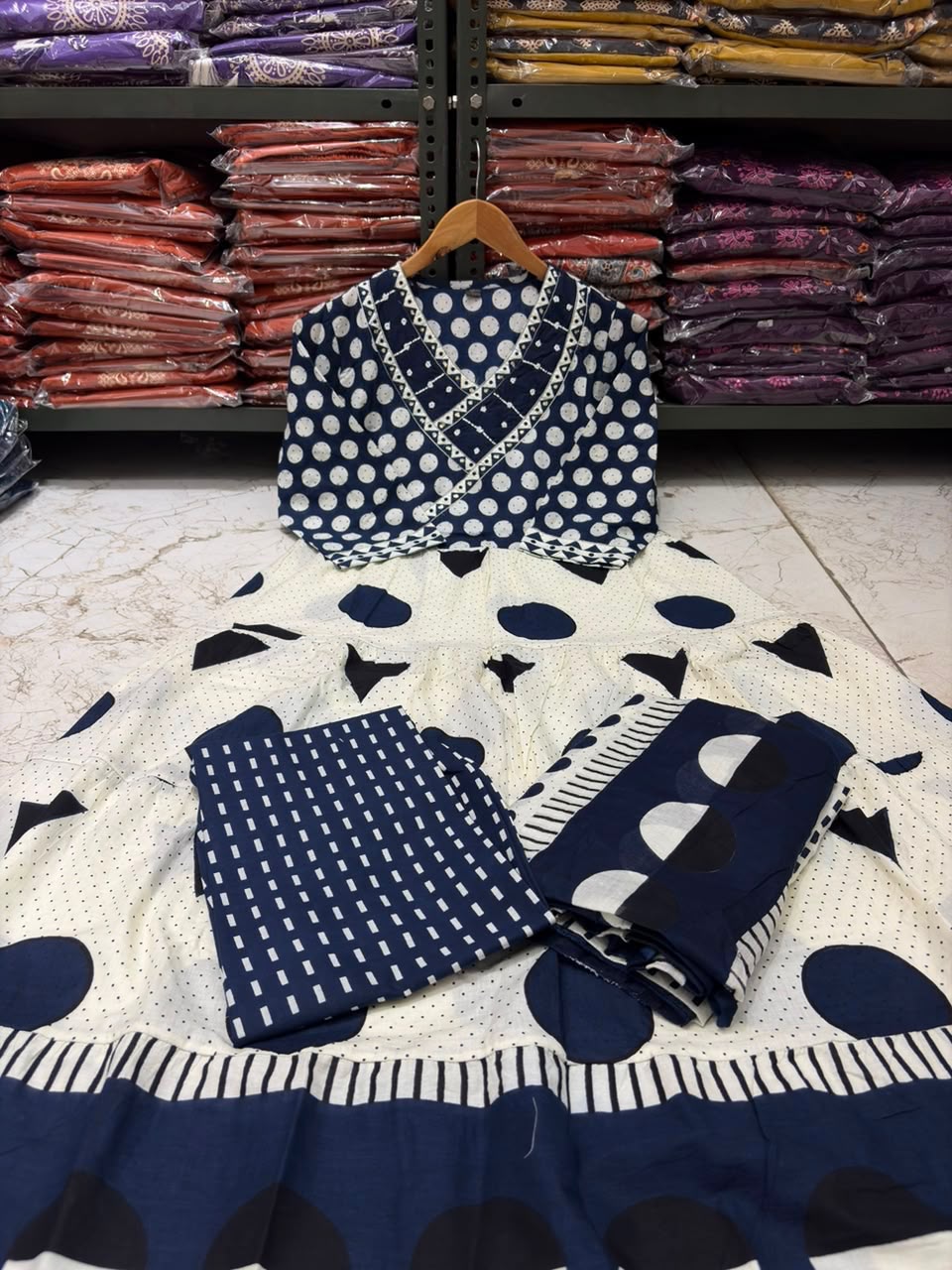 Cotton Flair Ghera Kurti Set with Printed Pant & Mal Mal Dupatta