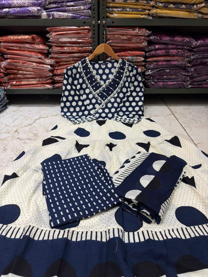 Cotton Flair Ghera Kurti Set with Printed Pant & Mal Mal Dupatta
