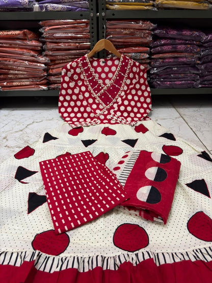 Cotton Flair Ghera Kurti Set with Printed Pant & Mal Mal Dupatta