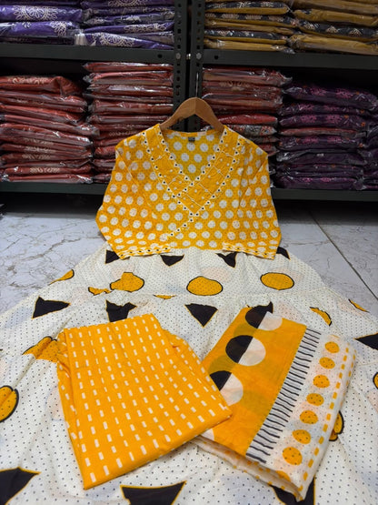 Cotton Flair Ghera Kurti Set with Printed Pant & Mal Mal Dupatta