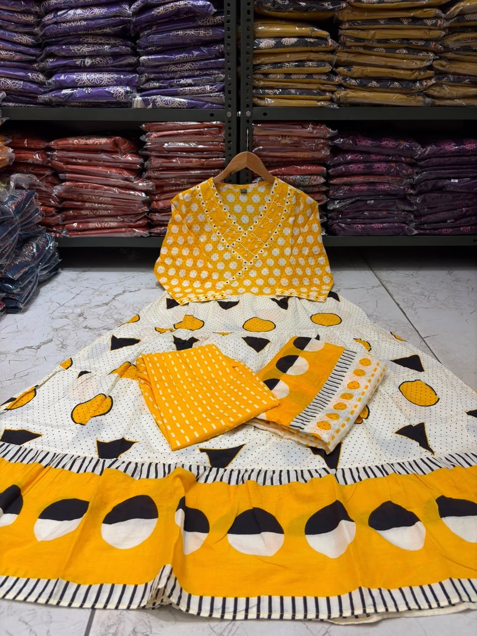 Cotton Flair Ghera Kurti Set with Printed Pant & Mal Mal Dupatta