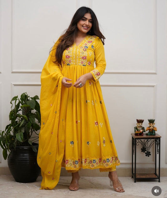 Cotton Flairy Kurti Pant Dupatta Set with All-Over Embroidery