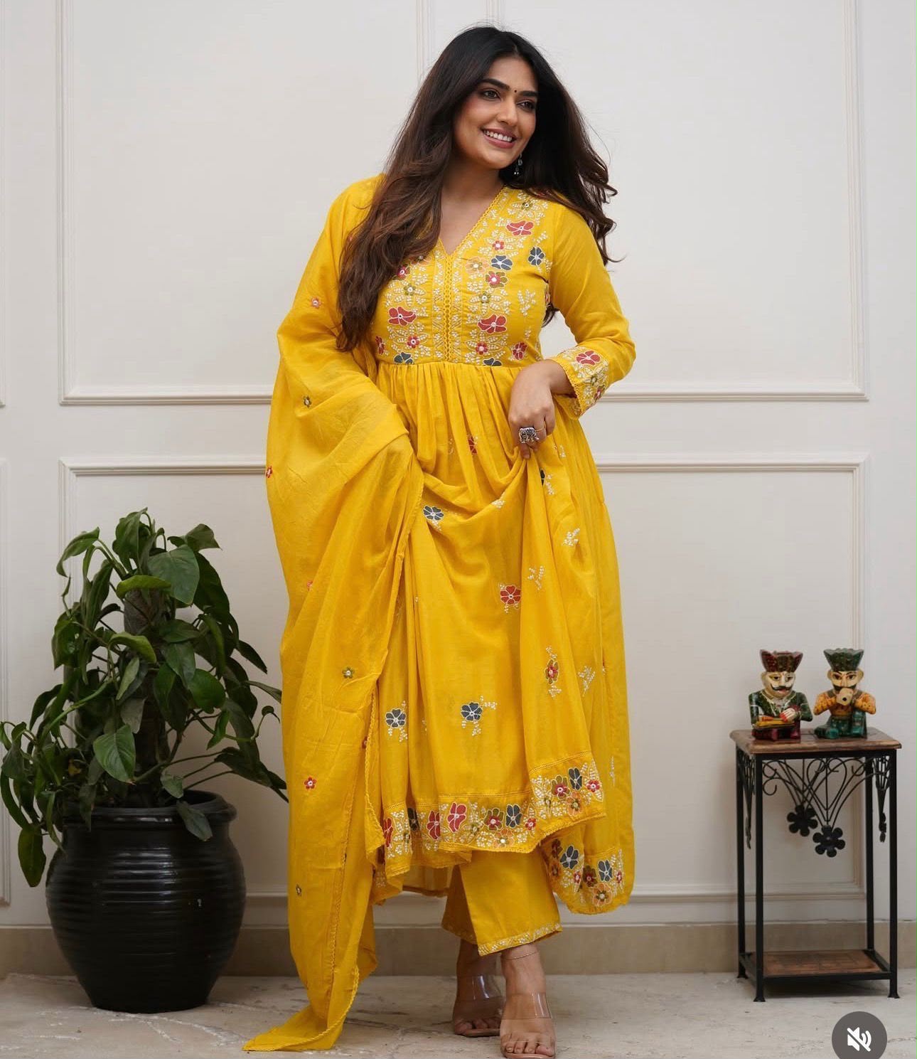 Cotton Flairy Kurti Pant Dupatta Set with All-Over Embroidery