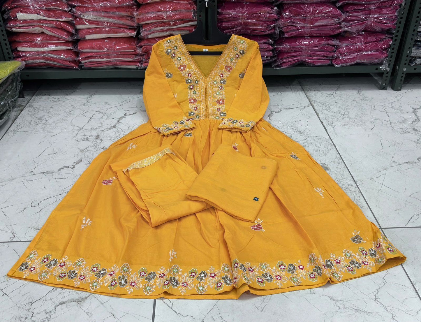 Cotton Flairy Kurti Pant Dupatta Set with All-Over Embroidery