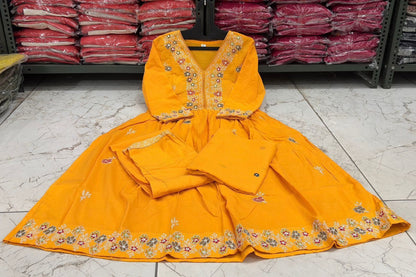 Cotton Flairy Kurti Pant Dupatta Set with All-Over Embroidery