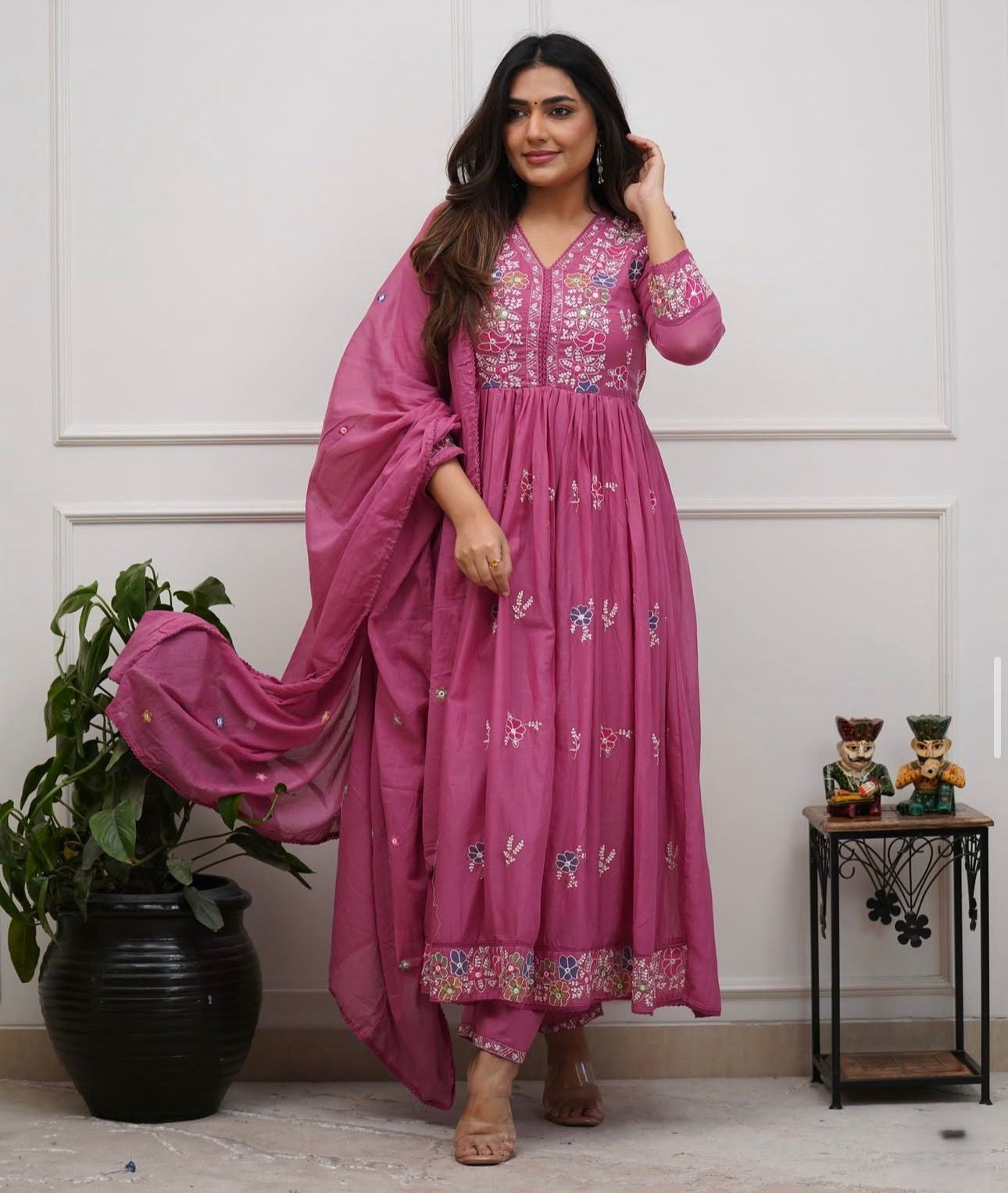 Cotton Flairy Kurti Pant Set with Embroidery & Mal Mal Dupatta