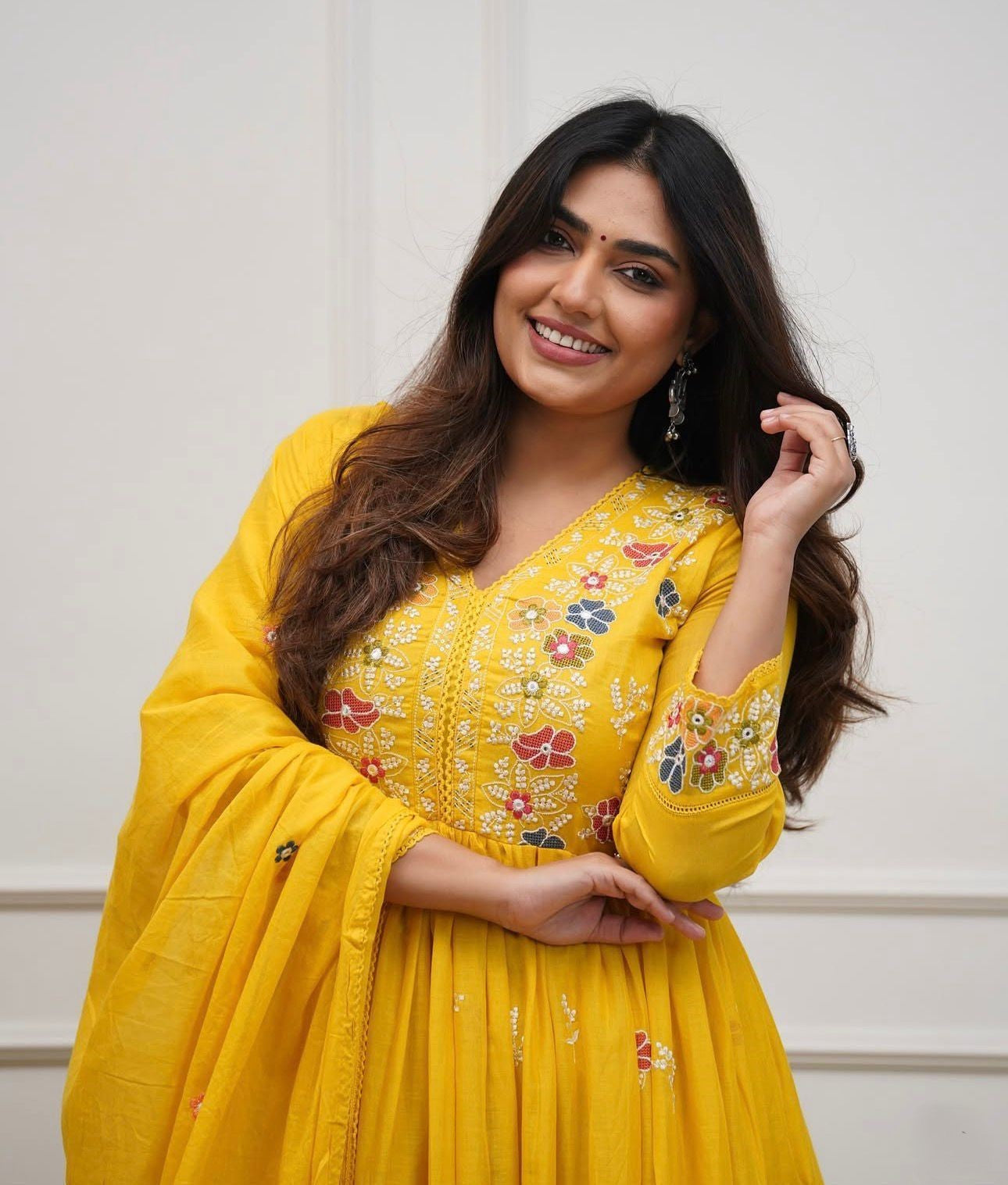 Cotton Flairy Kurti Pant Set with Embroidery & Mal Mal Dupatta