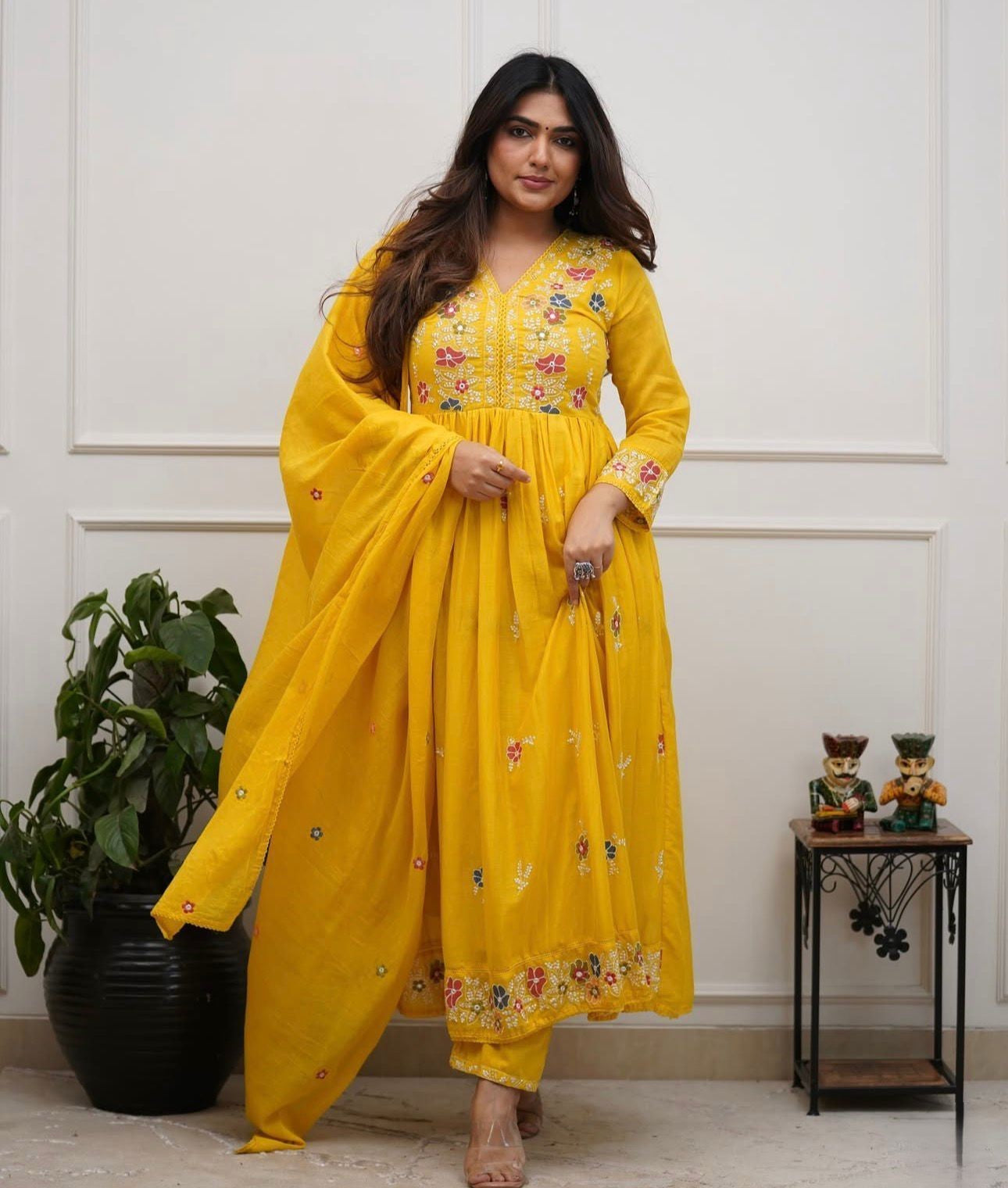 Cotton Flairy Kurti Pant Set with Embroidery & Mal Mal Dupatta