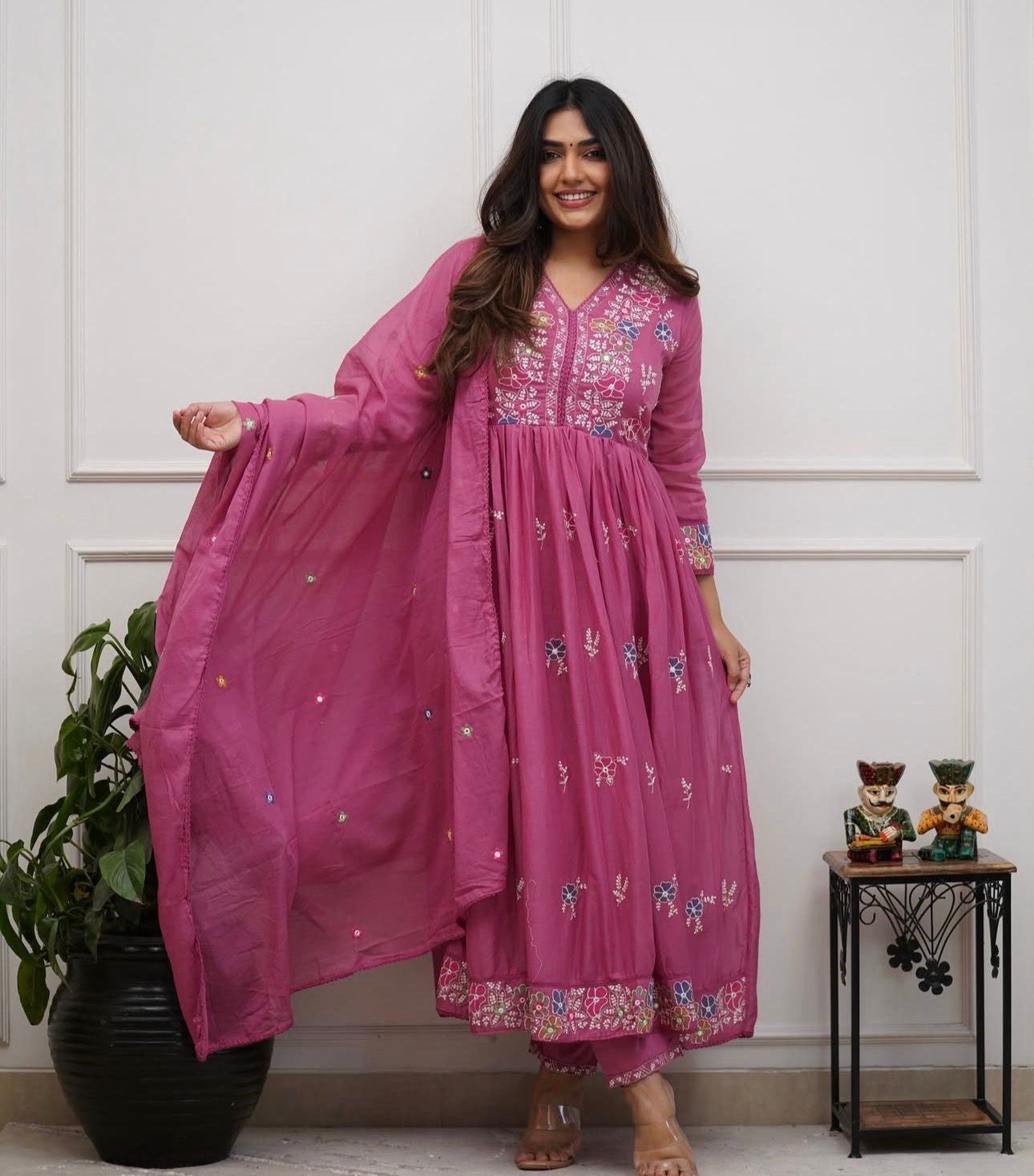 Cotton Flairy Kurti Pant Set with Embroidery & Mal Mal Dupatta