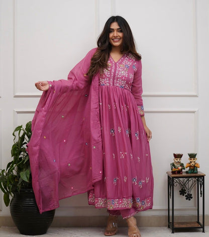 Cotton Flairy Kurti Pant Set with Embroidery & Mal Mal Dupatta