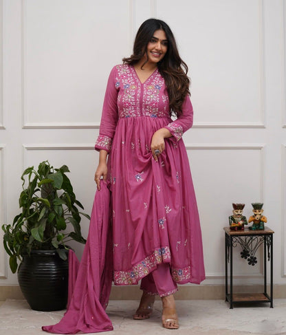 Cotton Flairy Kurti Pant Set with Embroidery & Mal Mal Dupatta
